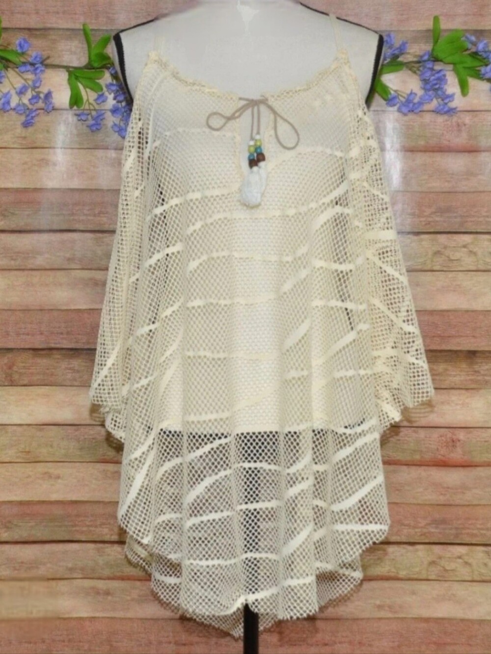 Lucky Brand Women's Swimwear Cover-Up with Boho Tassels in a Cream Color